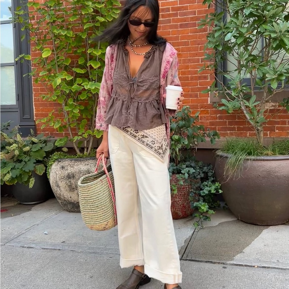 Free People Wide-Leg Jeans in Cream with Ivory Tones
